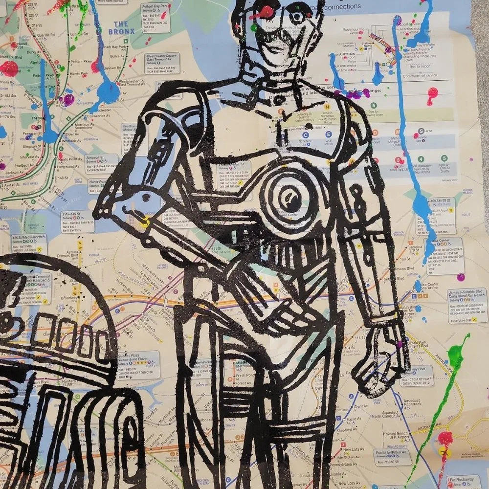 💲 SOLD 💲 Original Handpainted Star Wars Droids R2D2 & C3PO on a NYC Subway Map - Picture 7 of 7